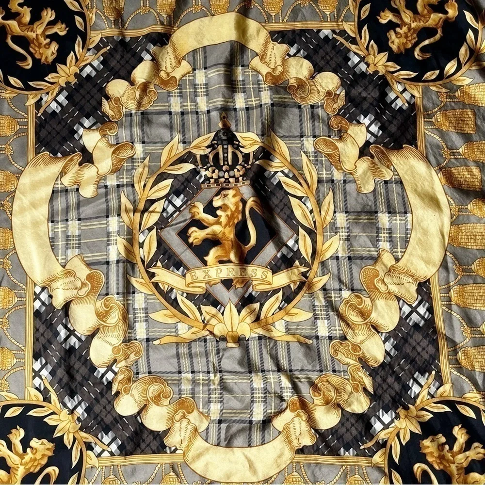 80s Express Silk Scarf Royal Lions Crest Hand Rolled 34” Square Baroque